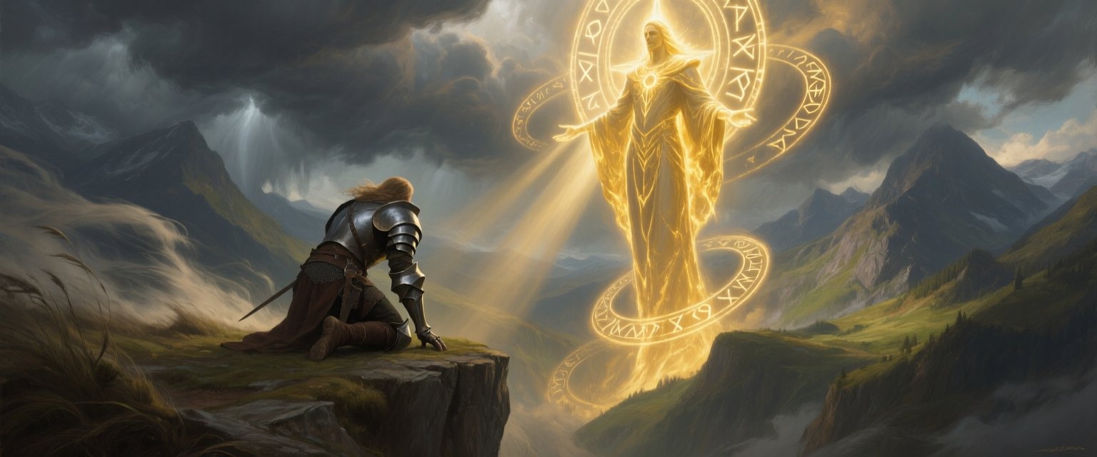 A mortal kneels before their patron god in The Forge