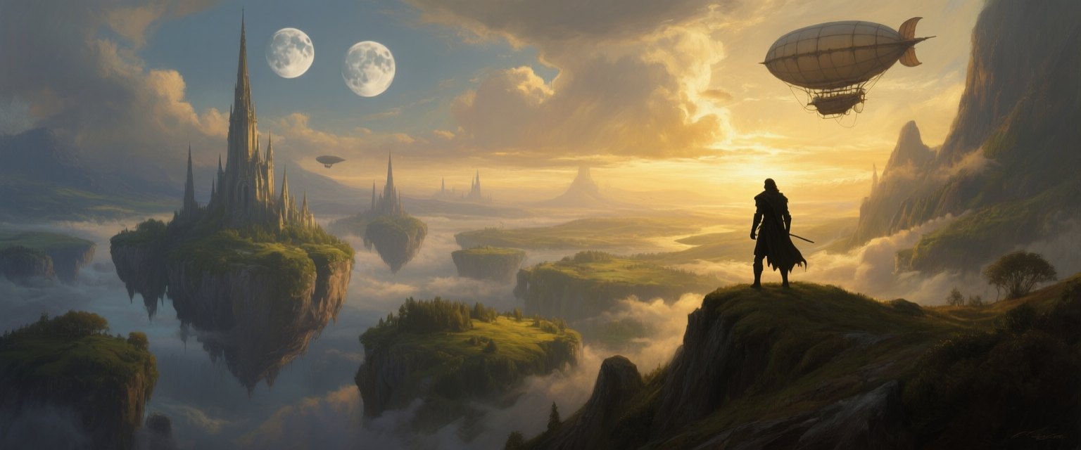 Floating islands under twin moons, a traveller on the ridge