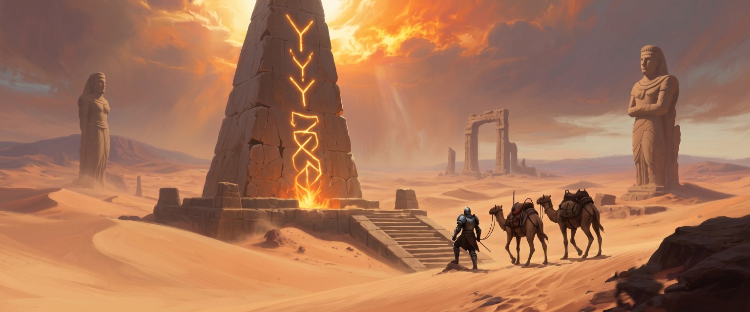 A rune-lit obelisk and a caravan crossing the desert