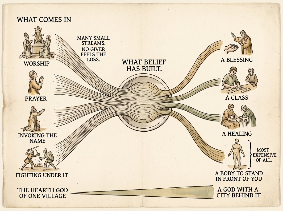 An aged printed plate showing a flow of many fine strands. On the left, under WHAT COMES IN, four small vignettes labelled WORSHIP, PRAYER, INVOKING THE NAME and FIGHTING UNDER IT, with the note MANY SMALL STREAMS. NO GIVER FEELS THE LOSS. The strands gather through a pale sphere at the centre labelled WHAT BELIEF HAS BUILT, then spread to the right into vignettes labelled A BLESSING, A CLASS, A HEALING, and A BODY TO STAND IN FRONT OF YOU, the last bracketed MOST EXPENSIVE OF ALL. Along the bottom a long tapering wedge runs from THE HEARTH GOD OF ONE VILLAGE at the narrow end to A GOD WITH A CITY BEHIND IT at the wide end.