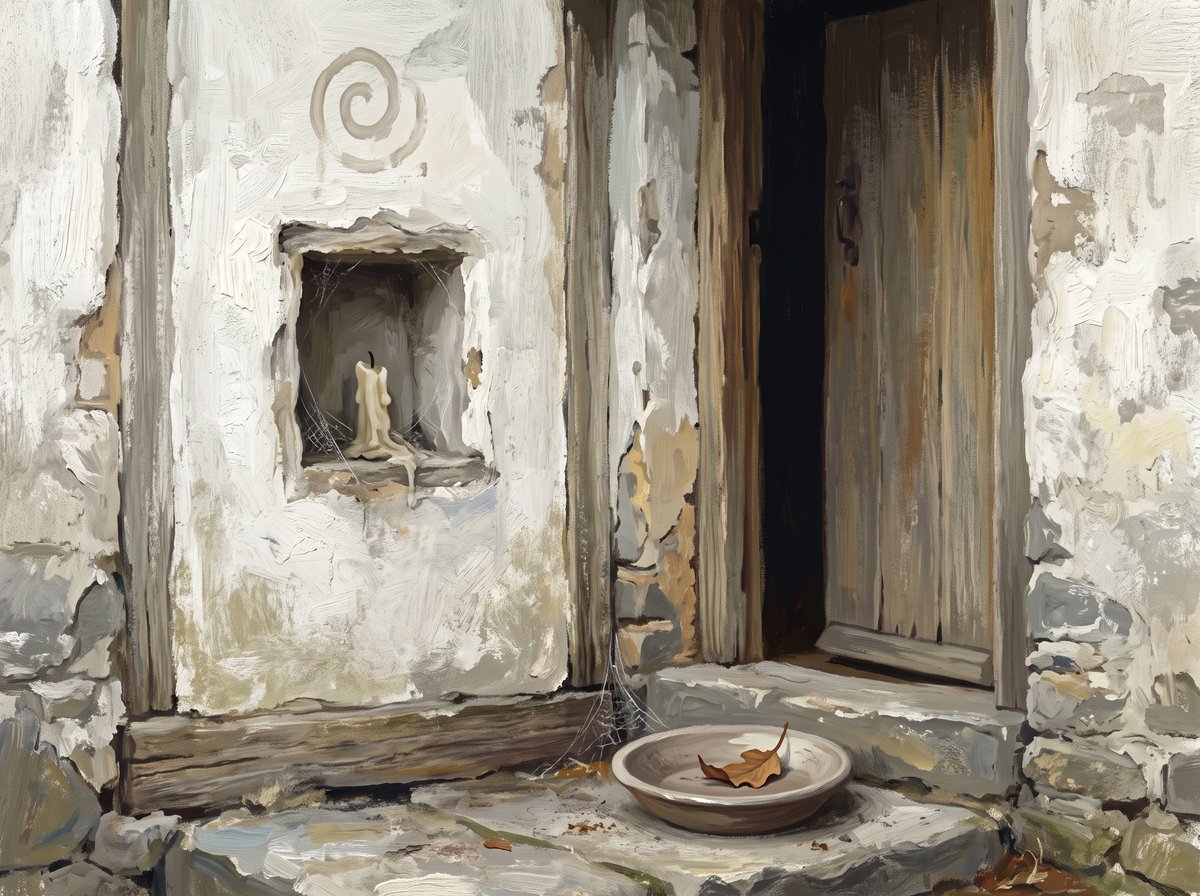 A painted close view of a whitewashed stone wall beside a weathered wooden door standing ajar on darkness. A small square niche is cut into the wall holding a guttered candle stub with cobwebs strung across the opening, and a faded spiral mark is painted on the wall above it. On the step below sits a shallow earthen bowl, empty except for one dry brown leaf.