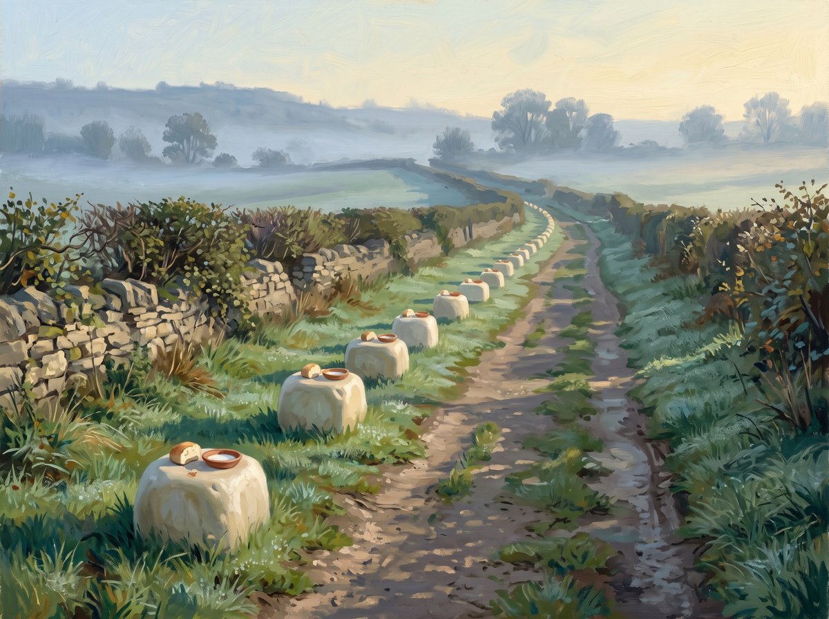 A painted country lane at first light, a rutted track running between dry stone walls and hedges into low mist. Along the verge stands a receding line of rounded, wax pale stones, each one set with a piece of bread and a small brown bowl of milk, continuing into the distance.