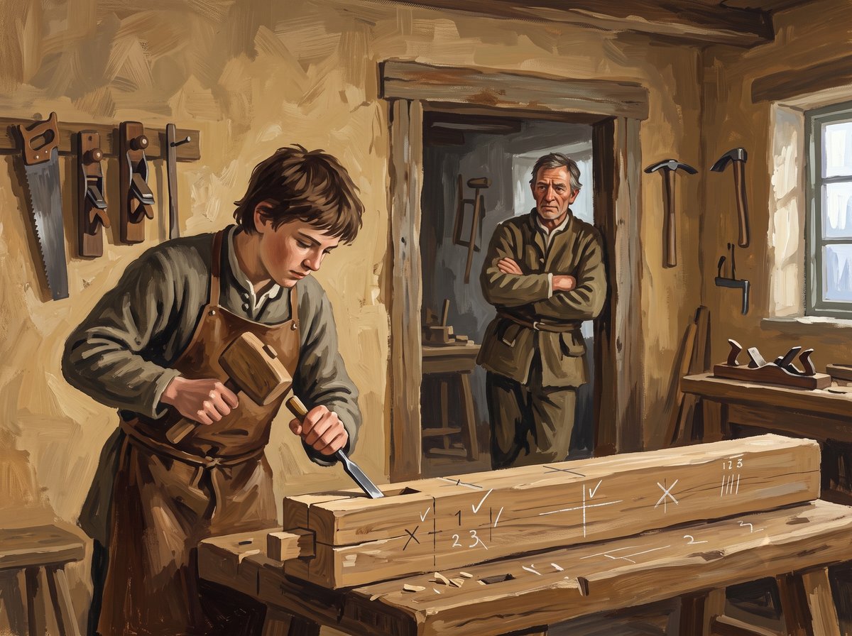 A painted workshop interior in warm light. A young man in a leather apron leans over a heavy timber beam on a bench, driving a chisel with a wooden mallet to cut a mortise. The beam carries chalk setting out marks, crosses, tallies and numerals. Saws, planes and hammers hang on the walls. An older man in a worn jacket stands in the doorway behind him with his arms folded, watching.