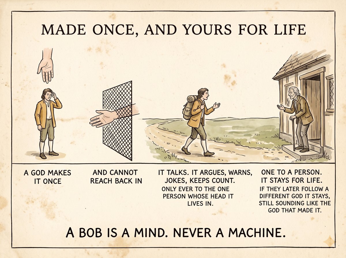 An aged printed plate headed MADE ONCE, AND YOURS FOR LIFE, in four panels. A large hand reaches down toward a young person touching their own temple, captioned A GOD MAKES IT ONCE. A hand presses against a fine lattice barrier and cannot pass, captioned AND CANNOT REACH BACK IN. A traveller with a pack walks a country road talking to nobody visible, captioned IT TALKS, IT ARGUES, WARNS, JOKES, KEEPS COUNT, only ever to the one person whose head it lives in. An old man with a stick stands in a cottage doorway, captioned ONE TO A PERSON, IT STAYS FOR LIFE. Across the foot: A BOB IS A MIND. NEVER A MACHINE.