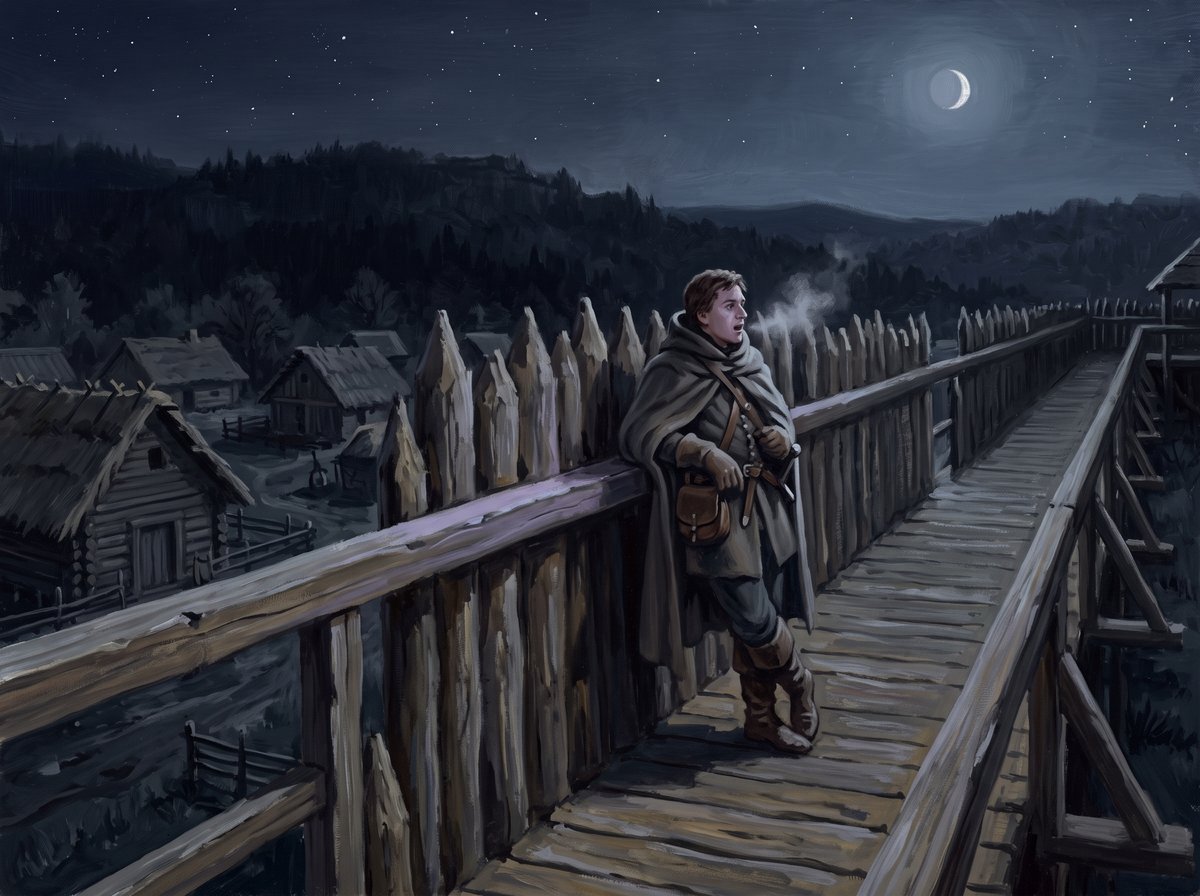 A painted night scene. A young sentry in a heavy cloak leans against the rail of a timber palisade walk above a sleeping village of log houses, his mouth open mid speech and his breath showing in the cold. A crescent moon hangs over wooded hills. He is entirely alone on the walkway.