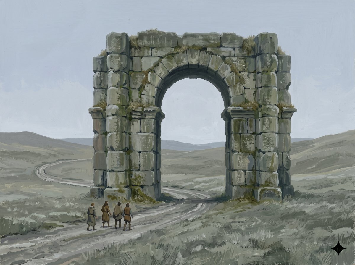 A colossal ancient stone gate standing alone in open grassland, grass growing in its joints, with ordinary hills and sky visible straight through its arch and four small figures walking past on a track without looking up.