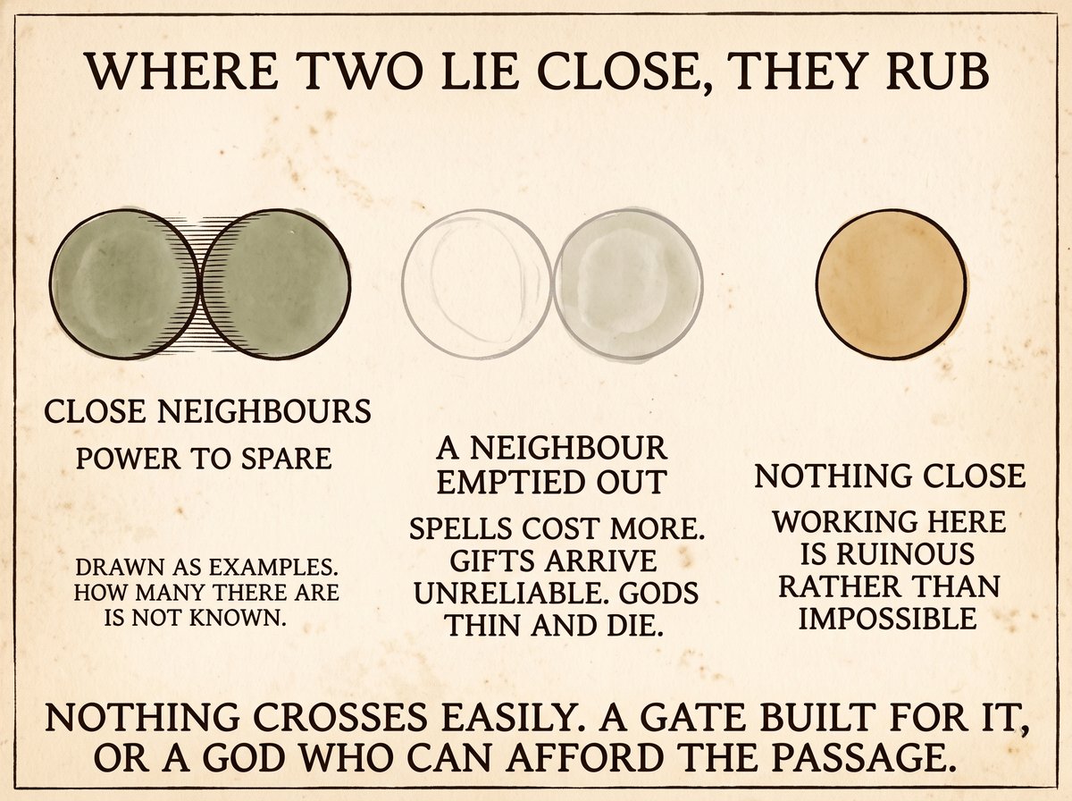 An aged printed plate headed WHERE TWO LIE CLOSE, THEY RUB. Three groups of plain circles: two green discs almost touching with dense hatching in the gap, labelled CLOSE NEIGHBOURS, POWER TO SPARE; a pair with one disc drawn faint and nearly colourless, labelled A NEIGHBOUR EMPTIED OUT, SPELLS COST MORE, GIFTS ARRIVE UNRELIABLE, GODS THIN AND DIE; and a single ochre disc alone in blank paper, labelled NOTHING CLOSE, WORKING HERE IS RUINOUS RATHER THAN IMPOSSIBLE. A small note reads DRAWN AS EXAMPLES. HOW MANY THERE ARE IS NOT KNOWN. Across the foot: NOTHING CROSSES EASILY. A GATE BUILT FOR IT, OR A GOD WHO CAN AFFORD THE PASSAGE.