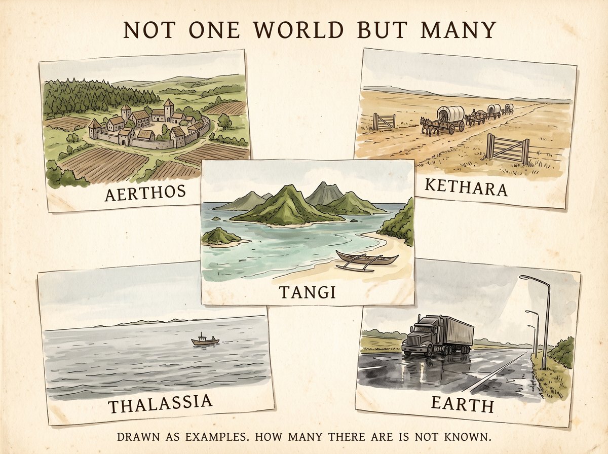 Five small painted sketches pasted at angles on aged cream paper, each labelled with a world's name: Aerthos, a walled village among ploughed fields; Kethara, a wagon caravan on a dry road; Tangi, green volcanic islands and an outrigger canoe; Thalassia, grey open ocean with one small boat; and Earth, a wet road at night with a lorry parked beneath a lamp.