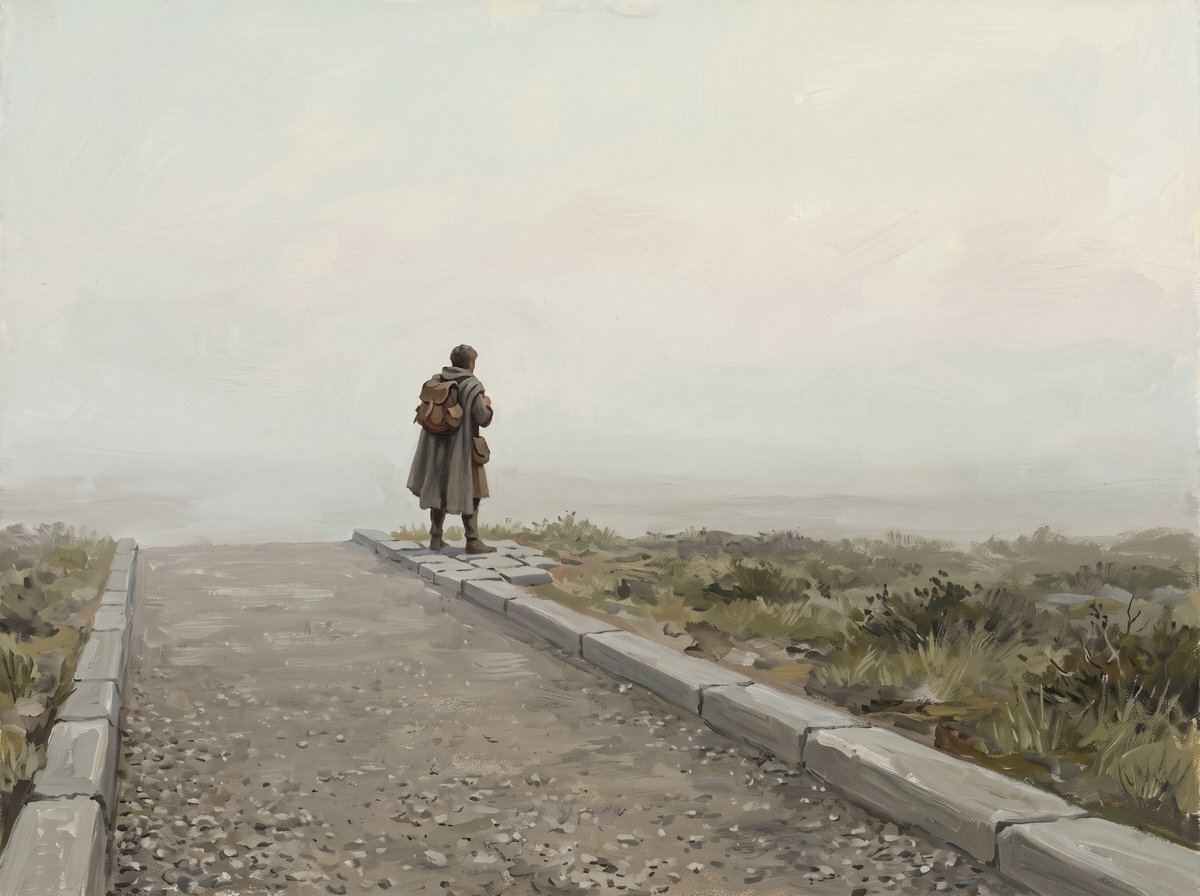 A muted oil painting under a pale, almost colourless sky. A traveller in a grey cloak with a pack on his back stands with his back to the viewer at the point where a stone kerbed gravel road stops and low scrub begins. The far distance dissolves into haze with no horizon visible.