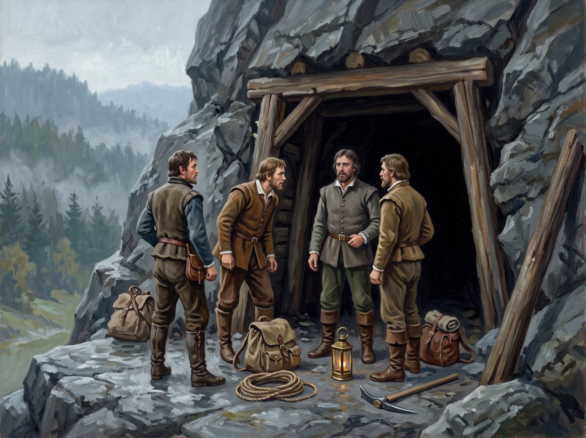 A painted scene at the timber framed mouth of a mine driven into grey rock, the opening completely black. Four men in rough working clothes and tall boots stand in a loose group outside it, talking, one facing the others. Packs, a coil of rope, a pick and a lit brass lantern are set down on the wet stone at their feet. Misted pine forest falls away behind them.