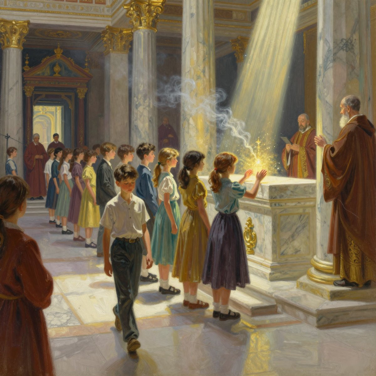 A painted marble temple interior with gilded columns and a shaft of light falling from above. A girl stands at a white altar with both hands raised into a burst of golden light and sparks rising as smoke. A queue of children in plain bright clothes waits along the left, watched by robed officials, while two older men in red and brown robes stand at the altar, one holding an open book. In the foreground a boy walks away from the altar with his head down.