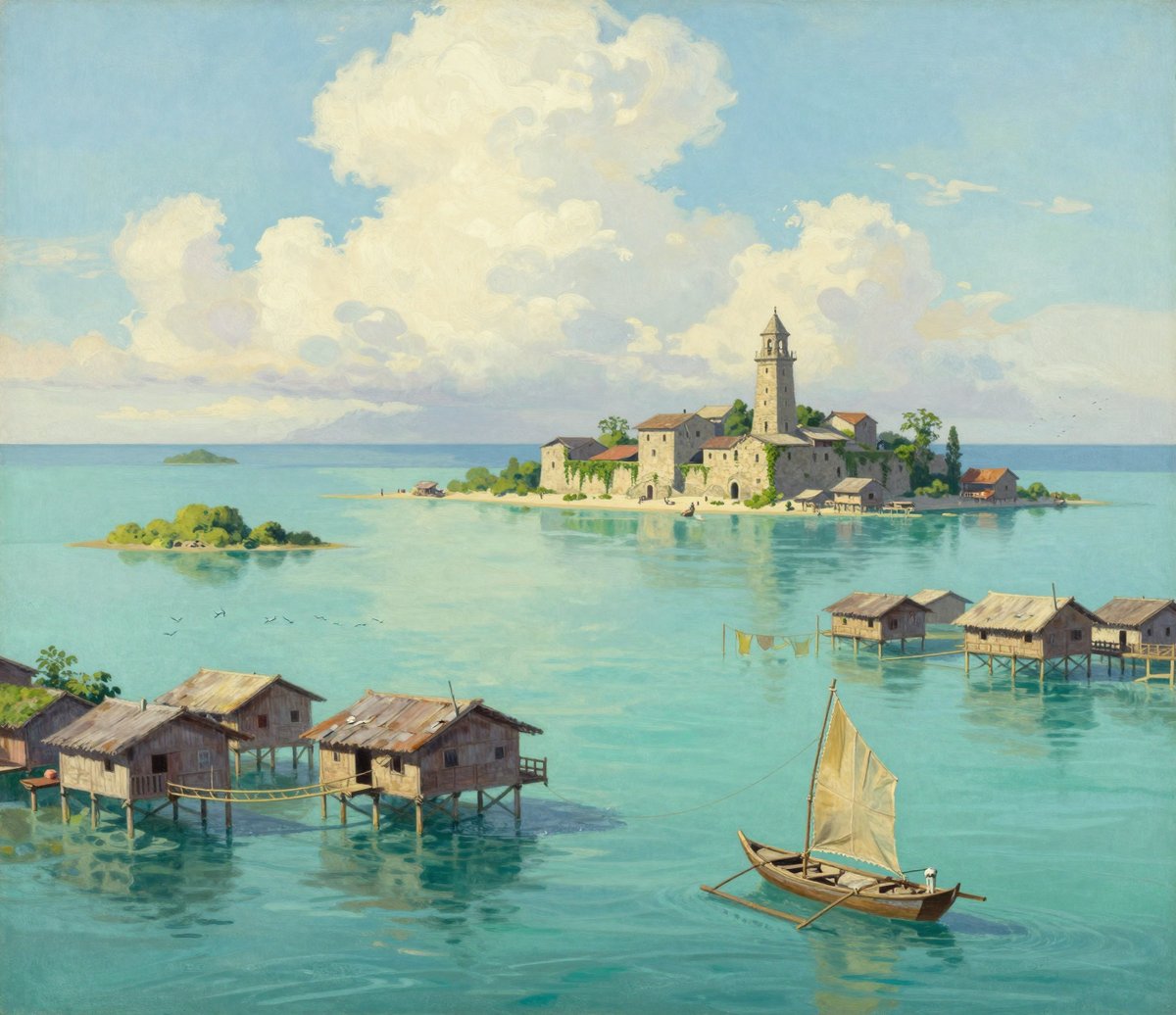 A painted turquoise sea under a high white cloudbank. Clusters of timber houses on stilts stand out in the shallow water in the foreground and middle distance, linked by narrow walkways, with washing strung between two of them. A low island beyond carries a walled stone town with a tall bell tower, its lower buildings green with creeper and its shore edged by a pale beach. A small outrigger canoe under a pale sail crosses the water at the right.