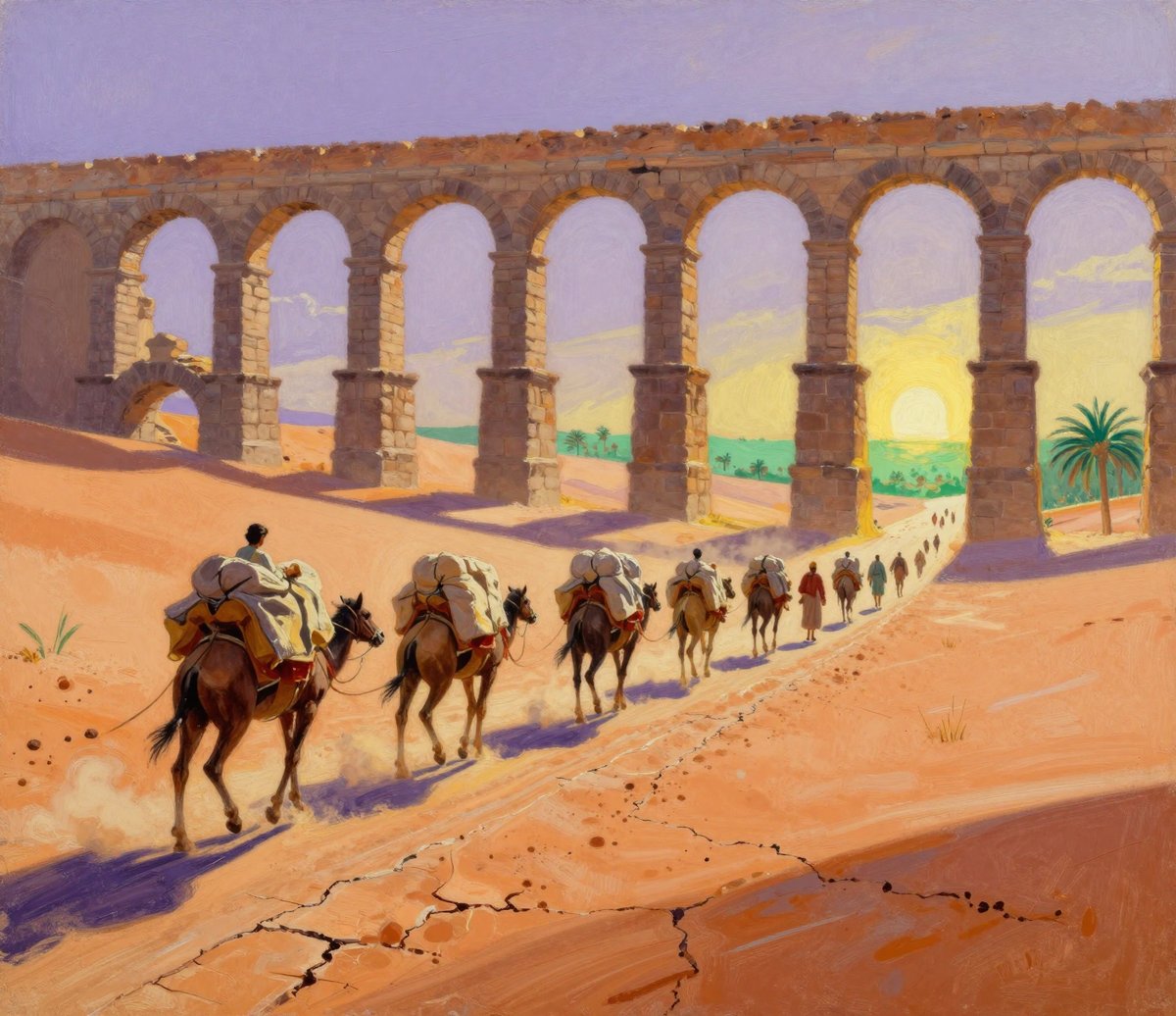 A painted desert scene at low sun. A long ruined stone aqueduct of tall arches runs across the picture, its masonry broken at one end. A caravan of laden pack animals and walking figures winds along a sandy track in the foreground and passes beneath one of the arches, where the sun sits low on the horizon. Green irrigated fields and palms are visible through the arches beyond the orange dunes.