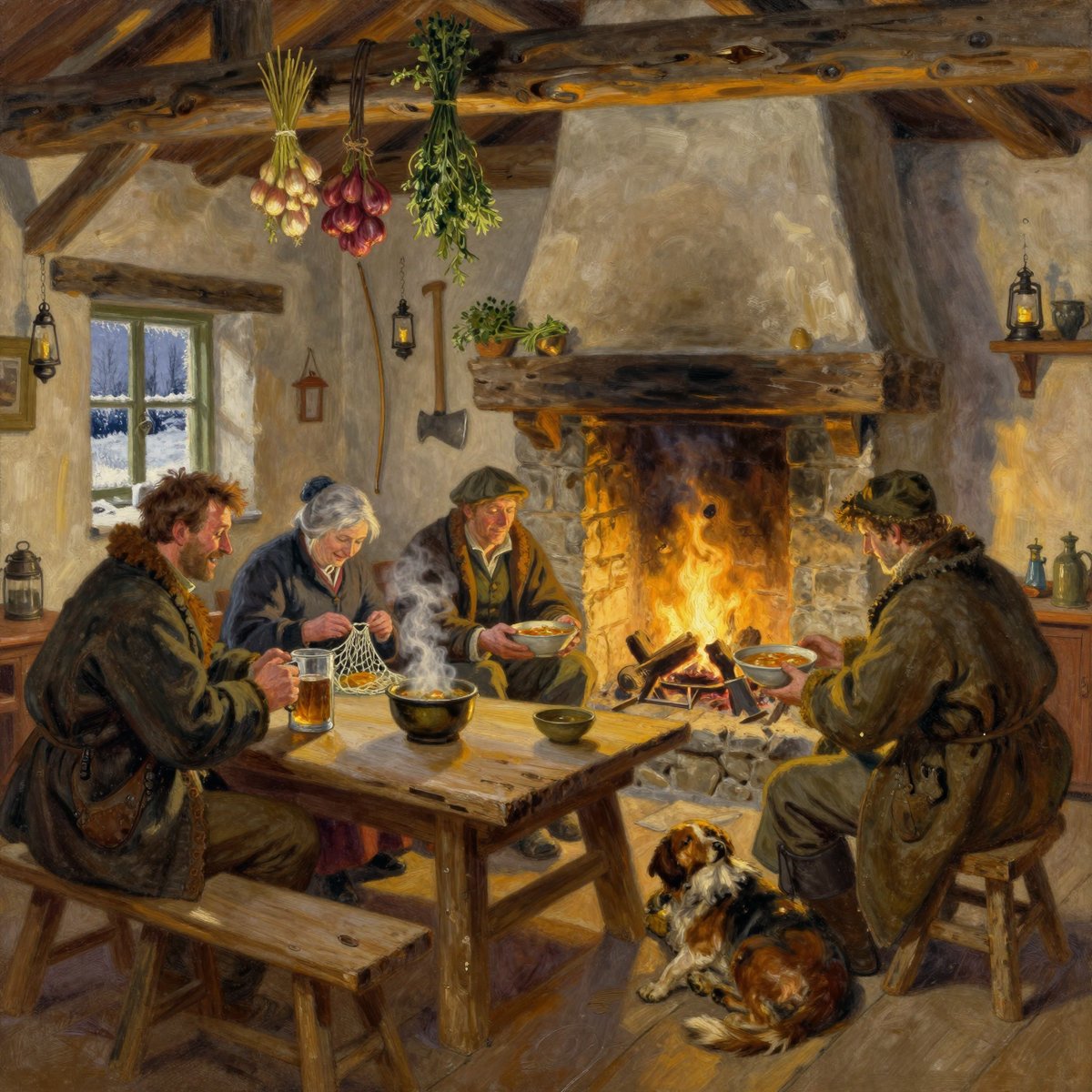 A painted cottage interior at night, lit by a large open stone hearth with a burning fire. Four people in heavy work clothes sit around a plain timber table eating stew from bowls, one lifting a tankard. Onions, garlic and herbs hang drying from the dark ceiling beams, lanterns and an axe hang on the walls, and a brown and white dog lies on the floorboards beside the table. A small window at the left shows snow outside.