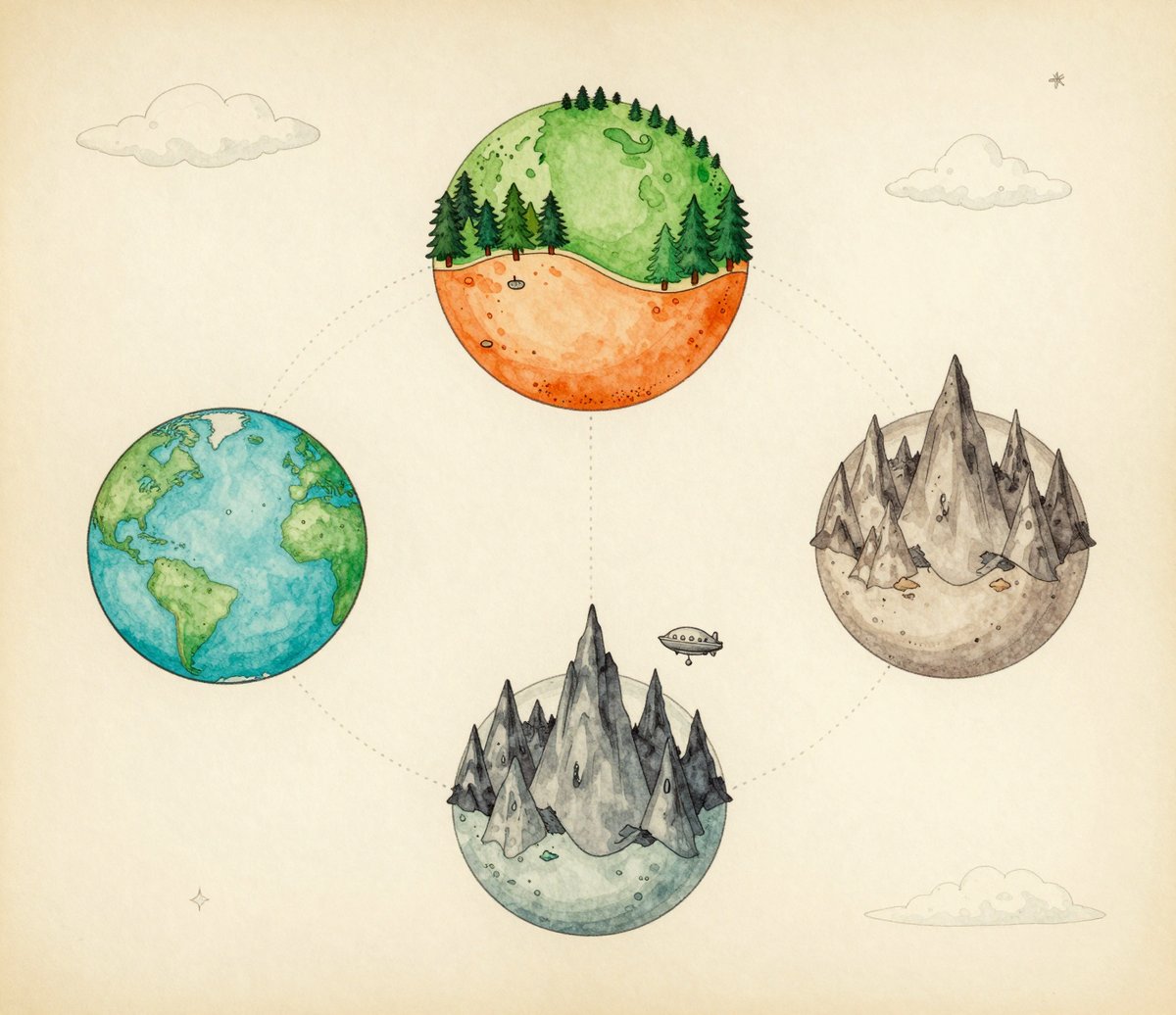 An illustrated chart of four worlds drawn as separate spheres on aged paper, linked in a ring by faint dotted lines. One sphere is green with dense forest above bare orange ground, one is blue and green like a globe of oceans and continents, and two are grey and blue with sharp mountain peaks. Small drawn clouds sit around them and a small airship crosses between two of the spheres.