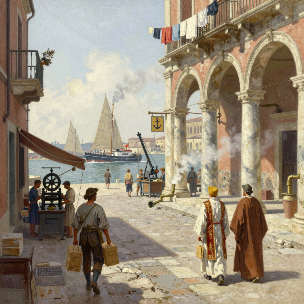 A painted harbour street of pale stone paving between tall buildings. On the right a pink marble building opens in a colonnade of arches, with an anchor sign hanging from a bracket and washing strung from a balcony above. In the foreground a young man in working clothes carries two crates, while others work a black hand press and a small quayside machine that vents steam. A steam and sail vessel is moored at the quay beyond, and two robed figures walk away down the street.