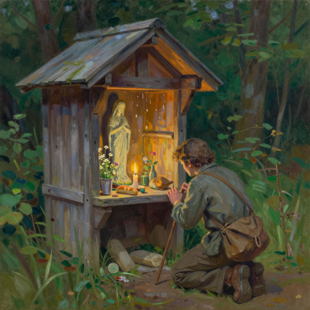 A painted wayside shrine of weathered timber with a shingled gable roof, standing in green woodland at dusk. Inside the lit niche a pale robed figure stands, warm light glowing around it. On the ledge below are a burning candle, a small loaf, a carved wooden bird, a jar of wildflowers and a pot of daisies, with coins scattered on the ground. A young traveller in a green coat kneels at the ledge with a leather satchel on his shoulder and a staff in his hands.