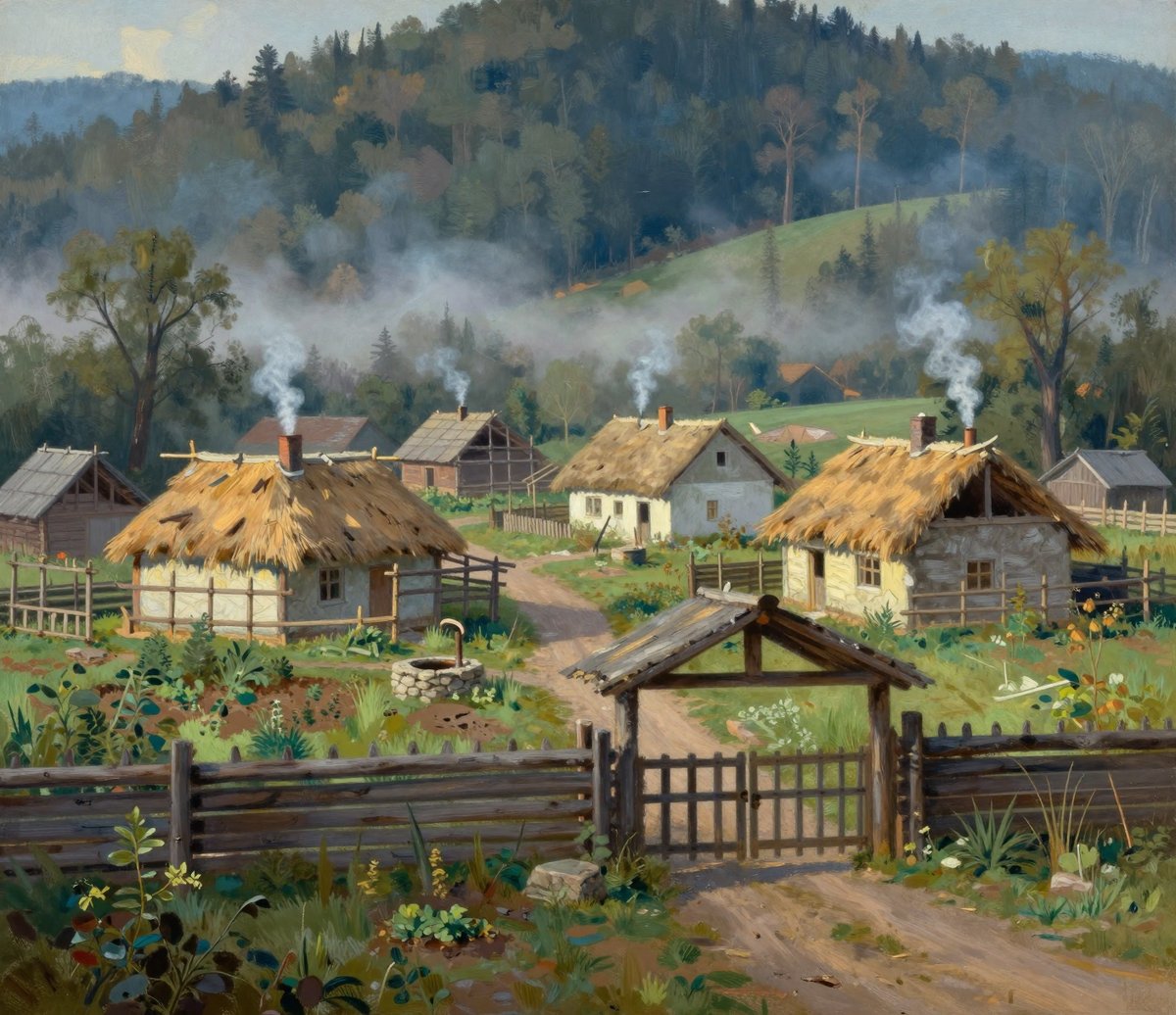 A painted forest-edge hamlet in morning mist. Half a dozen cottages with thick thatched roofs and whitewashed walls stand among paling fences and dug kitchen gardens, five chimneys smoking straight up. A stone well sits beside a dirt track that runs through a timber gate in the foreground, and wooded hills rise behind.