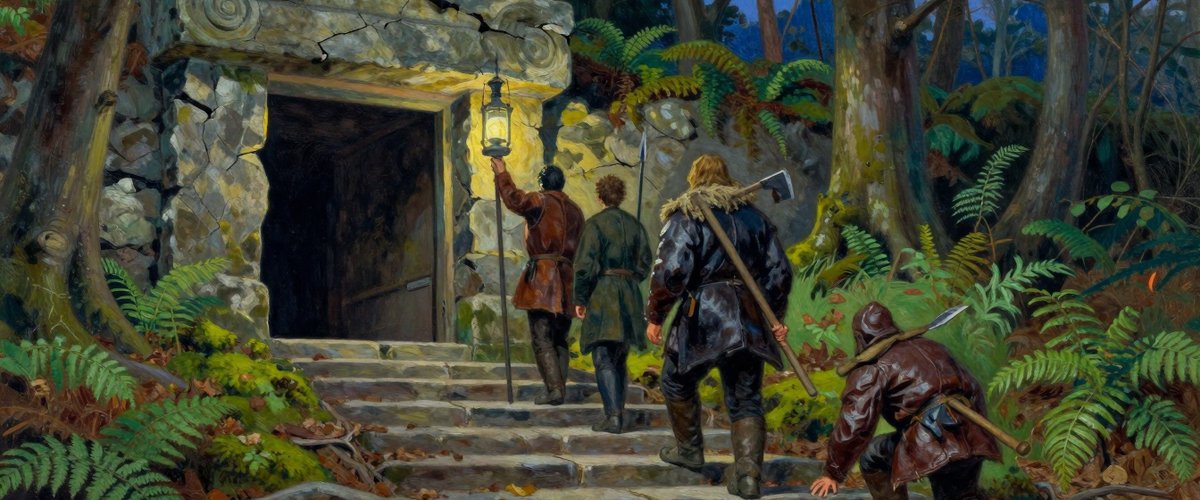 A painted dusk scene in old forest: worn stone steps and a heavy cracked stone doorway set into the ground, the opening going to complete darkness, and four figures seen only from behind at the mouth of it, one holding up a lantern on a pole, one with a spear, one with an axe across his back