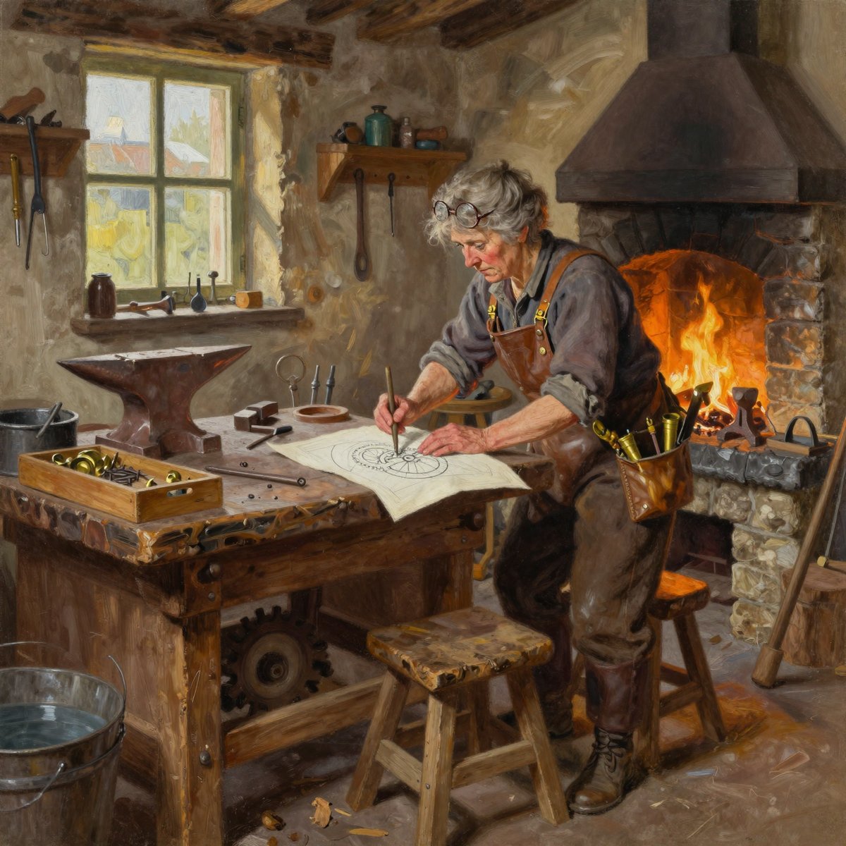 A painted village workshop lit by a stone forge: a scarred timber workbench carrying an anvil, a vice, trays of brass fittings and a half-built hoist of gears, tools hung on wall pegs, and a grey-haired woman in a leather tool harness working at a technical drawing spread flat on the bench
