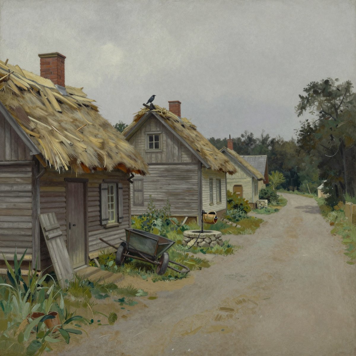 A painted street of small thatched timber houses under flat grey overcast, the thatch fallen away in clumps to show bare rafters, one door lying flat in the mud, long grass and nettles growing up the middle of the street, a handcart on its side, a stone well with a rotted rope, no smoke from any chimney and no people