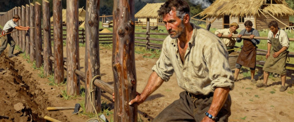 A painted frontier scene in warm low afternoon light: a wall of sharpened upright logs going up around a half-rebuilt village of timber and pale new thatch, men hauling one log upright on ropes, and in the foreground a lean dark-haired man past thirty crouched on one knee with both hands on a timber butt, a cord of small carved stones at his left wrist